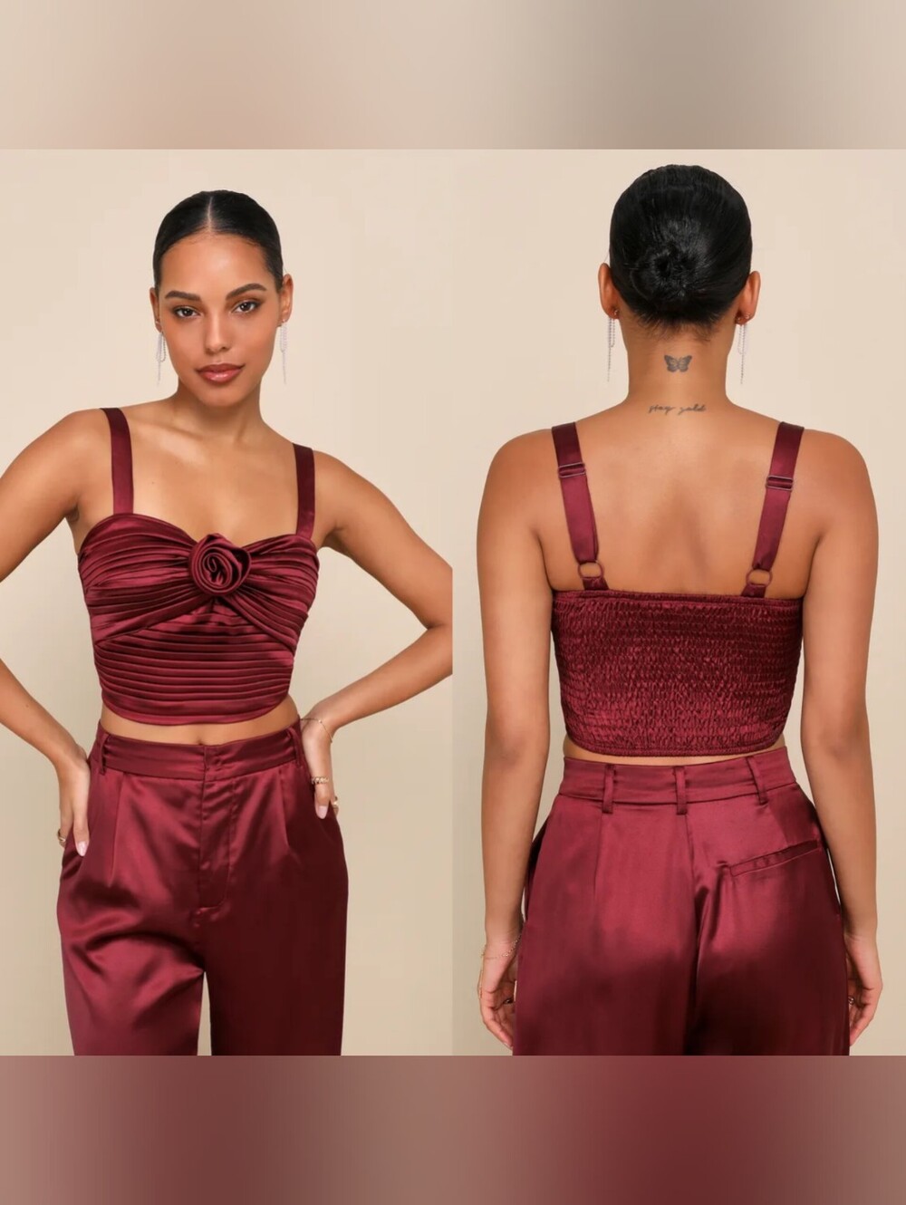 Lulus Flawless Behavior Burgundy Satin Pleated Rosette Tank Top S Party Feminine